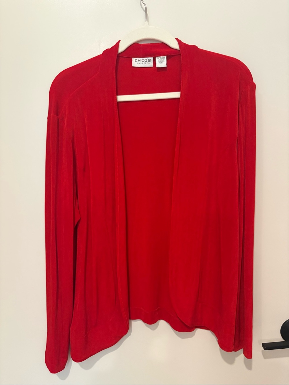 Chico’s Travelers Cherry Red Slinky Open Front Cardigan Comfort Fun Size 3 = XL